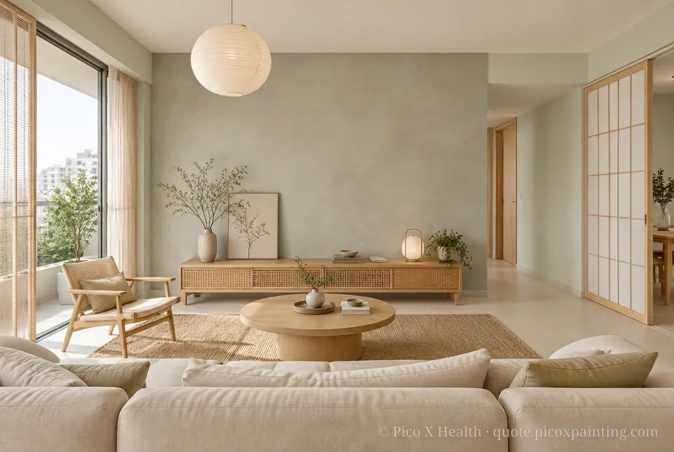 Shoji Minimal Rich / Statement living room — Gush Core/Care Canopy (GR017A) walls with a Raffles Muted Mercury limewash feature wall and Shoji Minimal furnishings