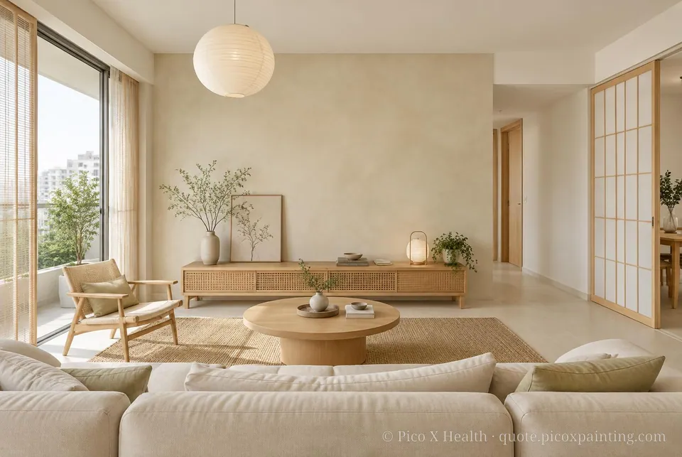 Shoji Minimal Soft / Airy living room — Gush Core/Care Nasi (WH011A) walls with a Raffles Ivory Cream limewash feature wall and Shoji Minimal furnishings