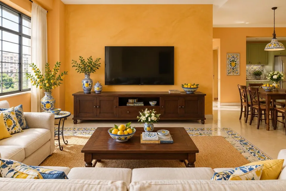 Sicilian Rich / Statement living room — Gush Core/Care Mango (OR002B) walls with a Raffles Blistering Sun limewash feature wall and Sicilian furnishings
