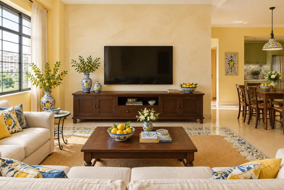 Sicilian Soft / Airy living room — Gush Core/Care Lemonade (YE004A) walls with a Raffles Sugar Terra limewash feature wall and Sicilian furnishings