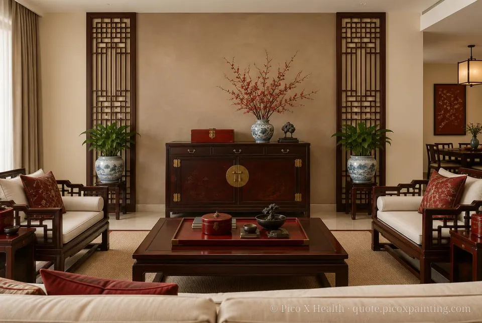 Siheyuan Courtyard Rich / Statement living room — Gush Core/Care Retriever (NE014B) walls with a Raffles Mocha Silk limewash feature wall and Siheyuan Courtyard furnishings