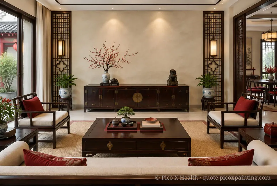 Siheyuan Courtyard Soft / Airy living room — Gush Core/Care Tangyuan (WH007A) walls with a Raffles Champange Cream limewash feature wall and Siheyuan Courtyard furnishings