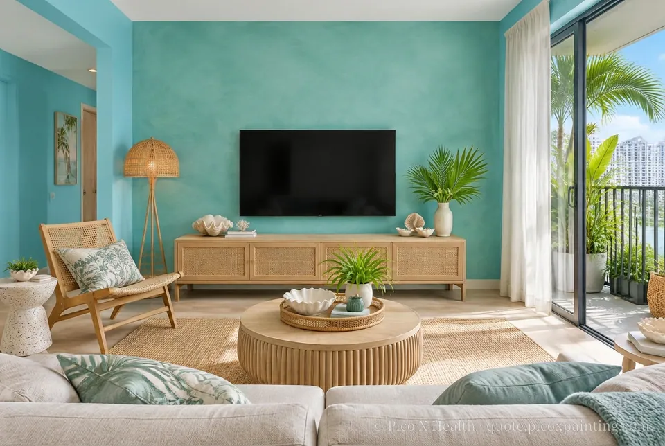 Singapore Tropical Modern Rich / Statement living room — Gush Core/Care Lazuli (BL020B) walls with a Raffles Jade Oasis limewash feature wall and Singapore Tropical Modern furnishings