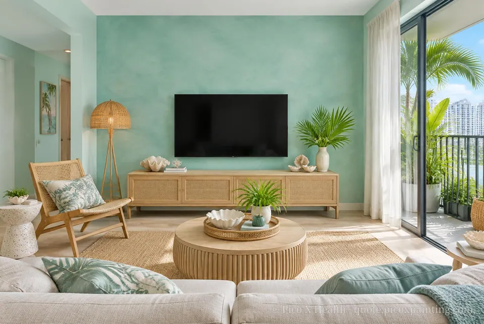 Singapore Tropical Modern Soft / Airy living room — Gush Core/Care Lazy River (BG000A) walls with a Raffles Aqua Fern limewash feature wall and Singapore Tropical Modern furnishings
