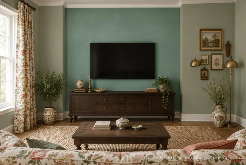 Slavic Dacha Rich / Statement living room — Gush Core/Care Malfoy (GR020B) walls with a Raffles Divine Fern limewash feature wall and Slavic Dacha furnishings