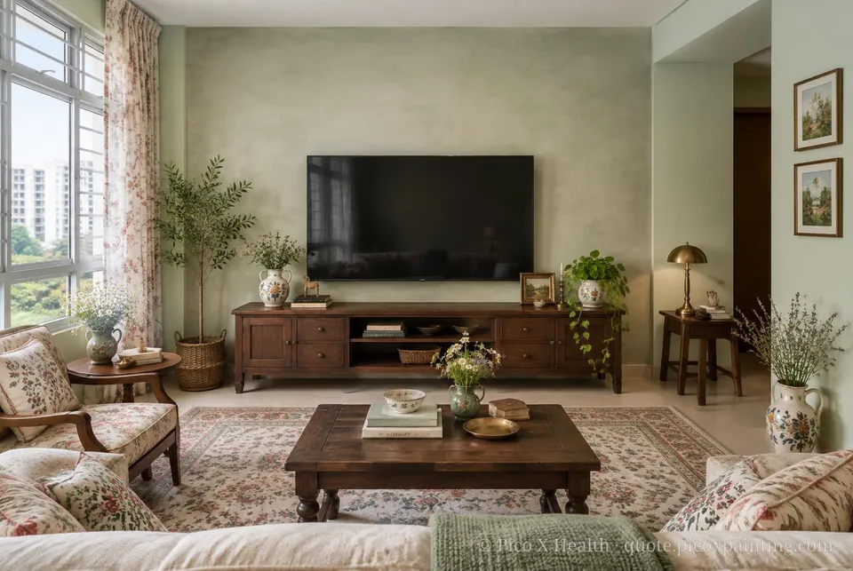 Slavic Dacha Soft / Airy living room — Gush Core/Care Foliage (GR009A) walls with a Raffles Silver Sage limewash feature wall and Slavic Dacha furnishings