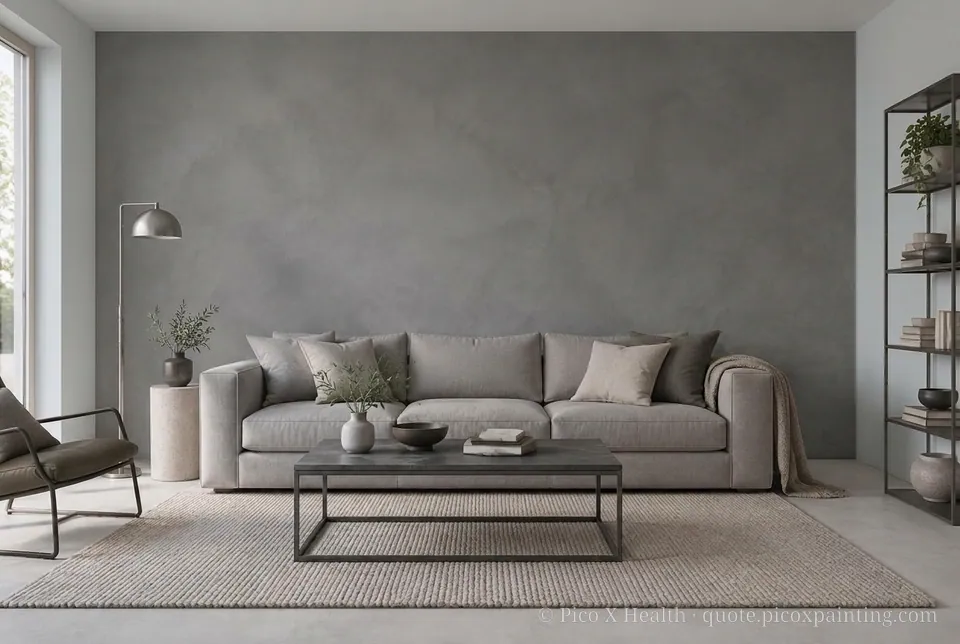 Soft Industrial Rich / Statement living room — Gush Core/Care Skydiver (XR003A) walls with a Raffles Gravel Gray limewash feature wall and Soft Industrial furnishings