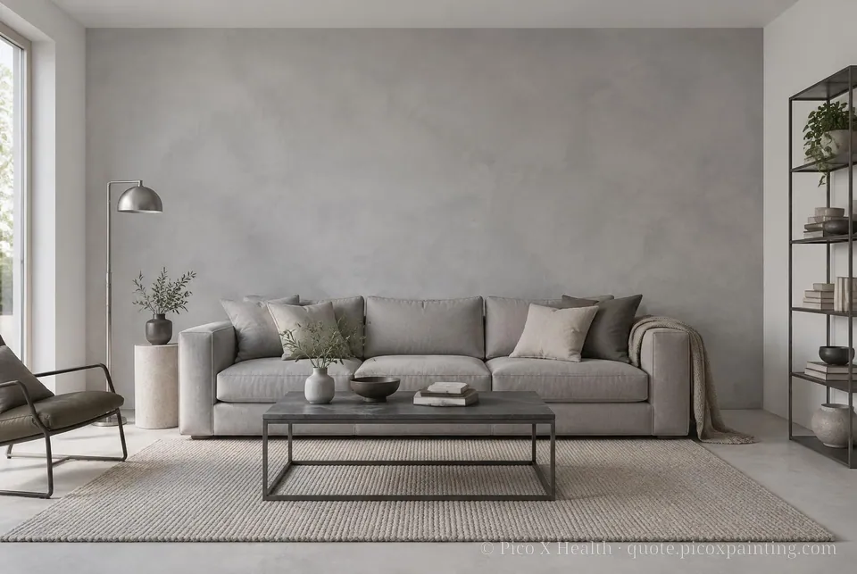 Soft Industrial Soft / Airy living room — Gush Core/Care Linen (XR010A) walls with a Raffles Cement Gray limewash feature wall and Soft Industrial furnishings