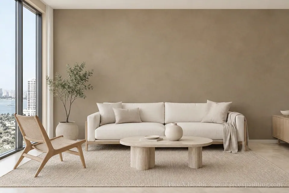 Soft Minimalism Rich / Statement living room — Gush Core/Care Malik (NE019B) walls with a Raffles Mocha Silk limewash feature wall and Soft Minimalism furnishings