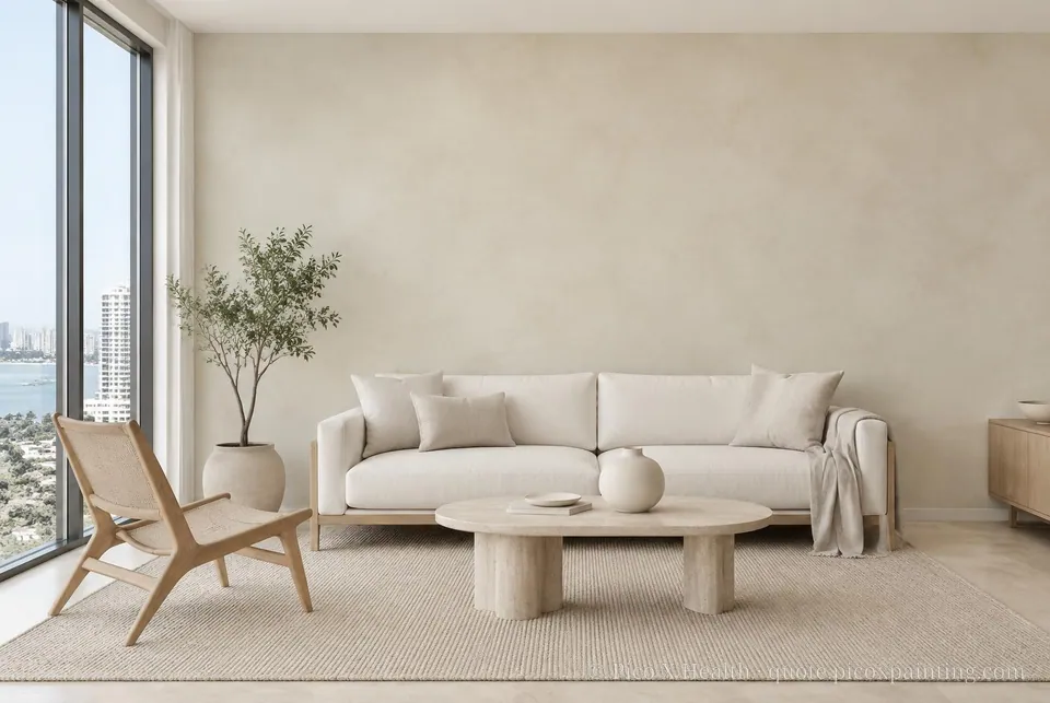 Soft Minimalism Soft / Airy living room — Gush Core/Care Boney (WH018A) walls with a Raffles Champange Cream limewash feature wall and Soft Minimalism furnishings