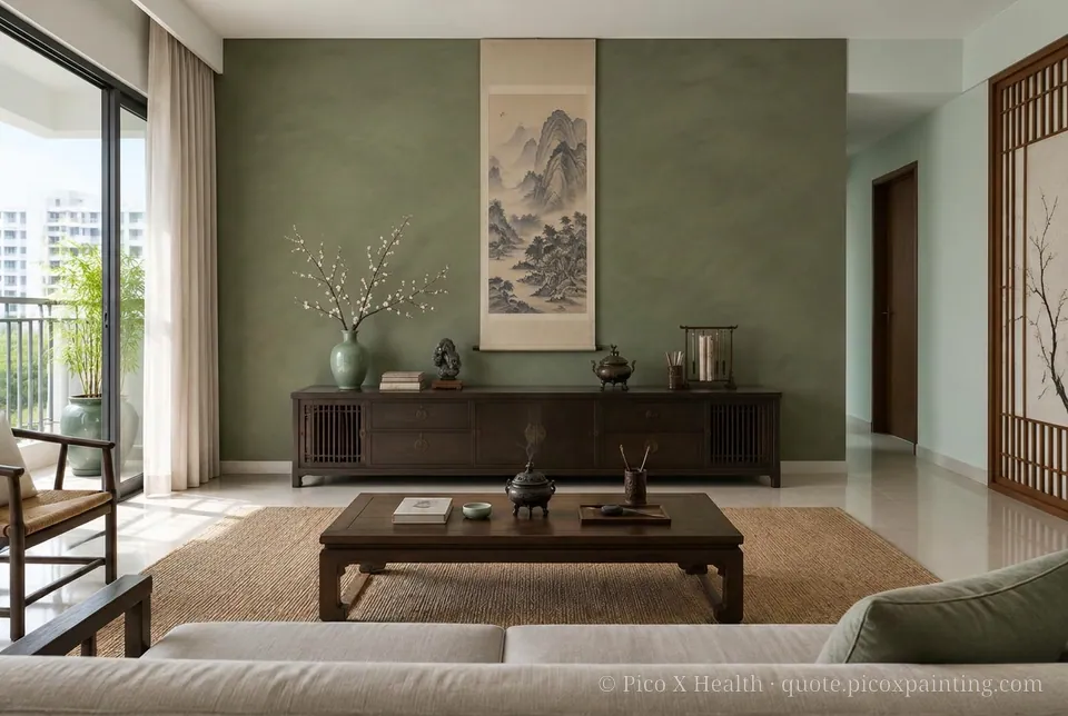 Song Dynasty Calm Rich / Statement living room — Gush Core/Care Ikigai (GR011B) walls with a Raffles Olive Overturn limewash feature wall and Song Dynasty Calm furnishings
