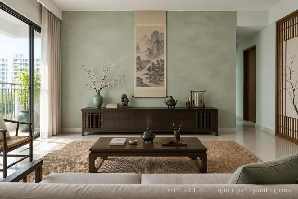 Song Dynasty Calm Soft / Airy living room — Gush Core/Care Chiffonade (BG008A) walls with a Raffles Silver Sage limewash feature wall and Song Dynasty Calm furnishings