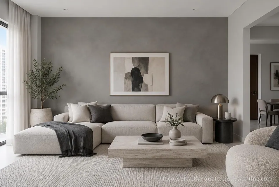 South African Contemporary Rich / Statement living room — Gush Core/Care Skydiver (XR003A) walls with a Raffles Gravel Gray limewash feature wall and South African Contemporary furnishings
