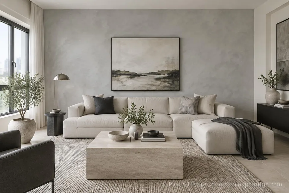 South African Contemporary Soft / Airy living room — Gush Core/Care Linen (XR010A) walls with a Raffles Cement Gray limewash feature wall and South African Contemporary furnishings