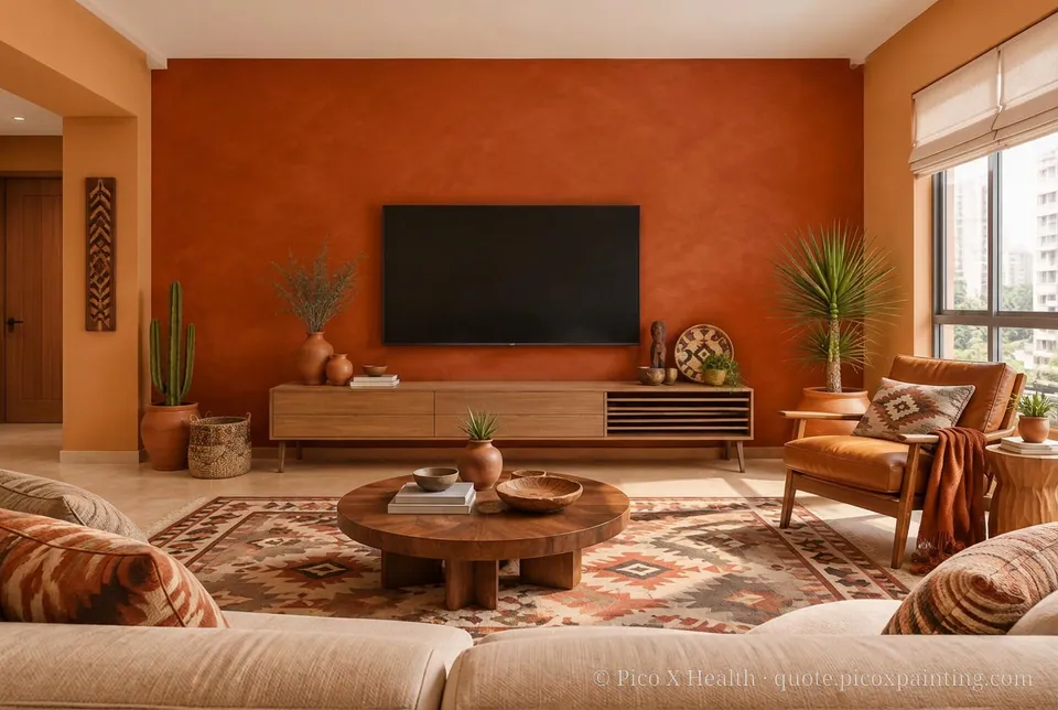 Southwestern Rich / Statement living room — Gush Core/Care Supper Stretch (OR005B) walls with a Raffles Burnt Amber limewash feature wall and Southwestern furnishings