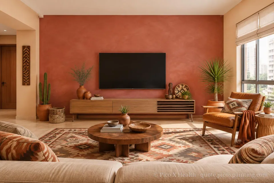Southwestern Soft / Airy living room — Gush Core/Care Breadwinner (NE028B) walls with a Raffles Terracota limewash feature wall and Southwestern furnishings
