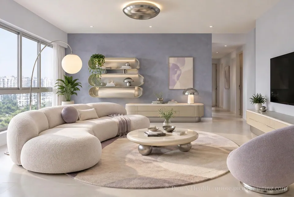 Space Age Rich / Statement living room — Gush Core/Care Mirage (PU007A) walls with a Raffles Lavender Dream limewash feature wall and Space Age furnishings