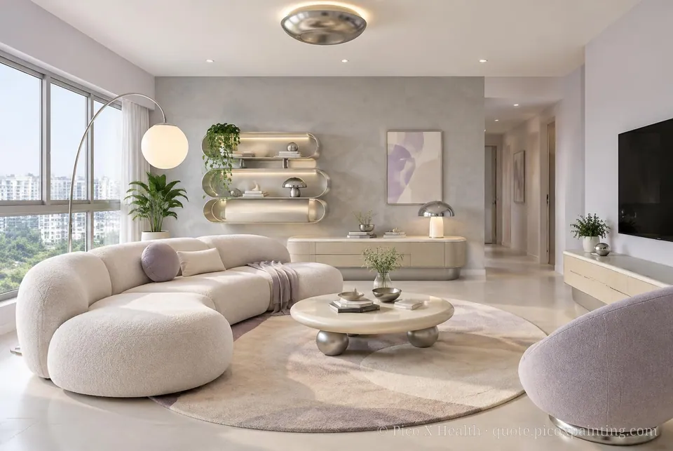 Space Age Soft / Airy living room — Gush Core/Care Dulcet (PU015A) walls with a Raffles Cement Gray limewash feature wall and Space Age furnishings
