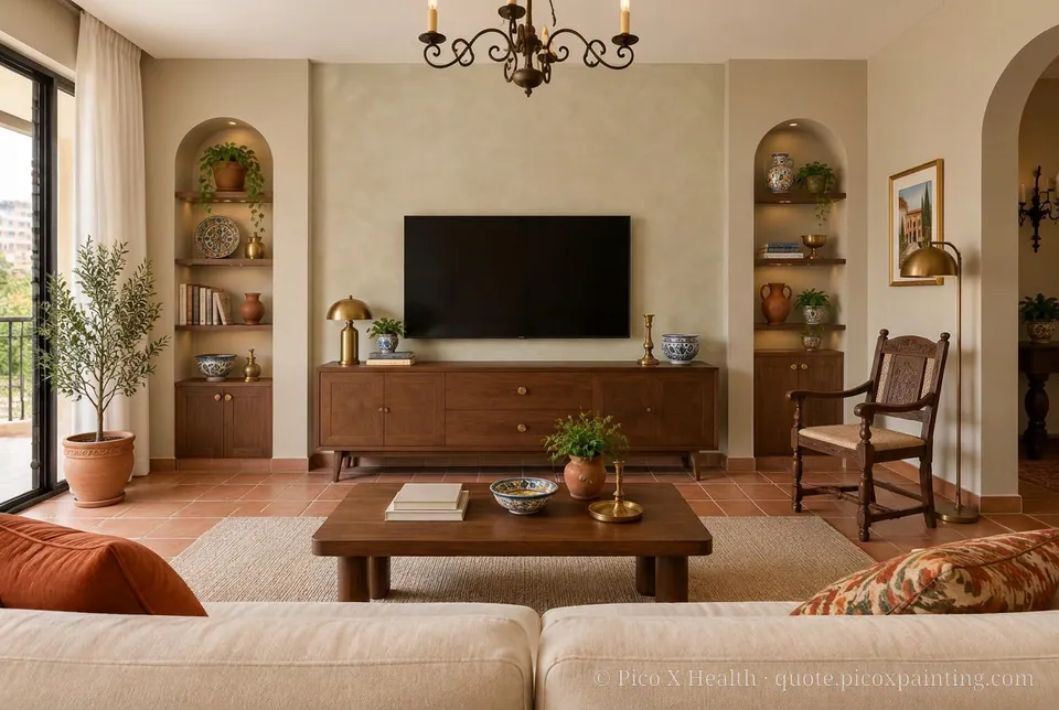 Spanish Revival Rich / Statement living room — Gush Core/Care Sandy Mandy (NE005B) walls with a Raffles Mocha Silk limewash feature wall and Spanish Revival furnishings