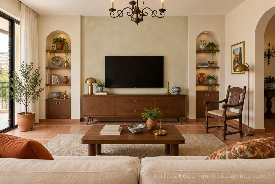 Spanish Revival Soft / Airy living room — Gush Core/Care Pillowtalk (WH006A) walls with a Raffles Soft Linen limewash feature wall and Spanish Revival furnishings