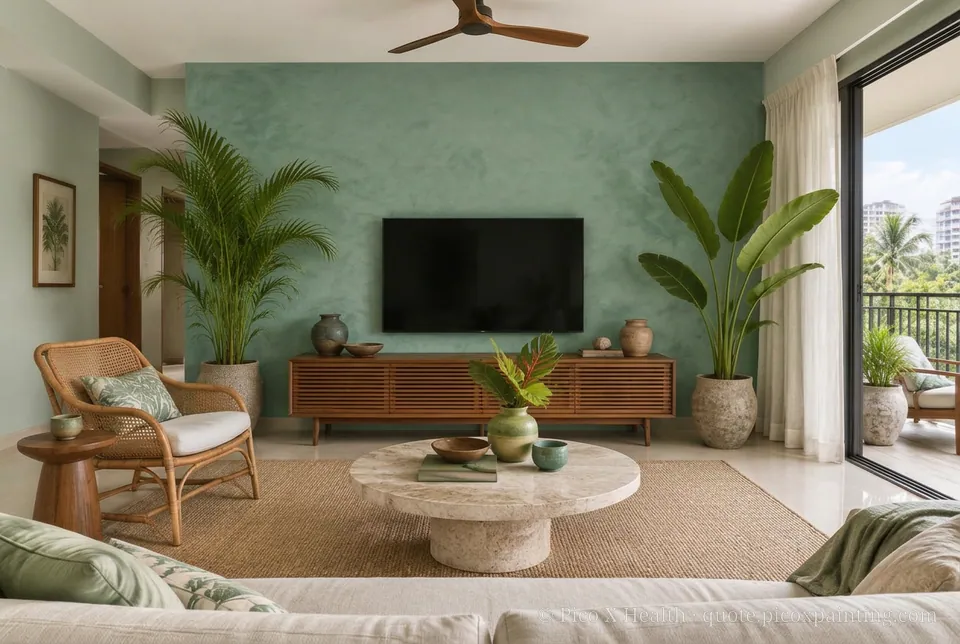 Sri Lankan Tropical Modern Rich / Statement living room — Gush Core/Care Safari (GR004B) walls with a Raffles Divine Fern limewash feature wall and Sri Lankan Tropical Modern furnishings