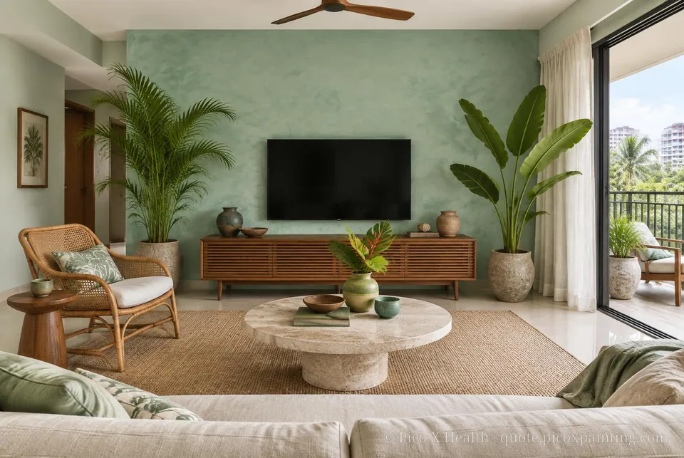 Sri Lankan Tropical Modern Soft / Airy living room — Gush Core/Care Foliage (GR009A) walls with a Raffles Minty Opulence limewash feature wall and Sri Lankan Tropical Modern furnishings