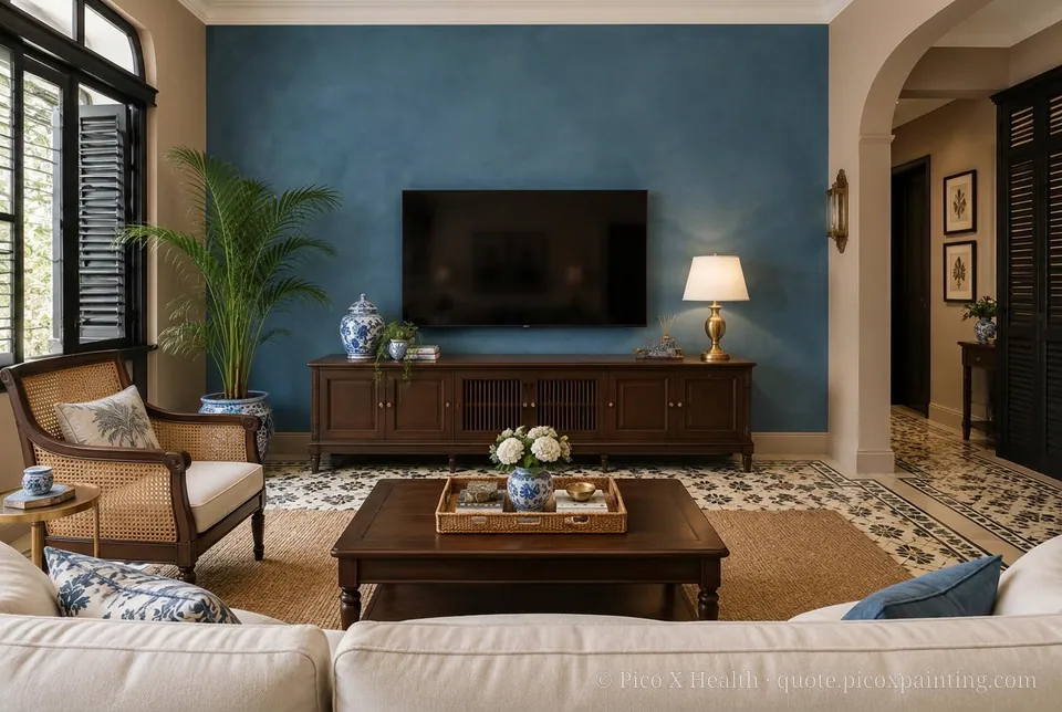 Straits Colonial Rich / Statement living room — Gush Core/Care Coffee Beam (NE015B) walls with a Raffles Indigo Lagoon limewash feature wall and Straits Colonial furnishings