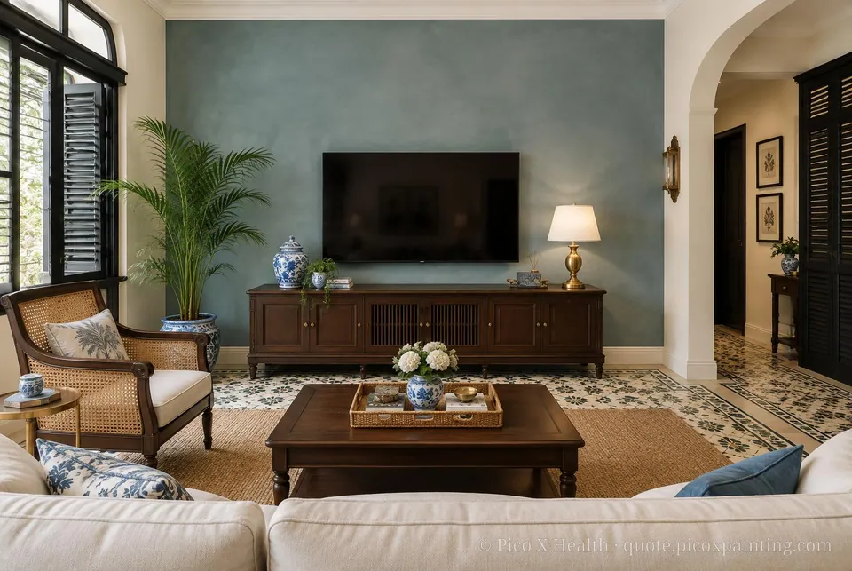 Straits Colonial Soft / Airy living room — Gush Core/Care Siew Dai (WH012A) walls with a Raffles Steel Blue limewash feature wall and Straits Colonial furnishings