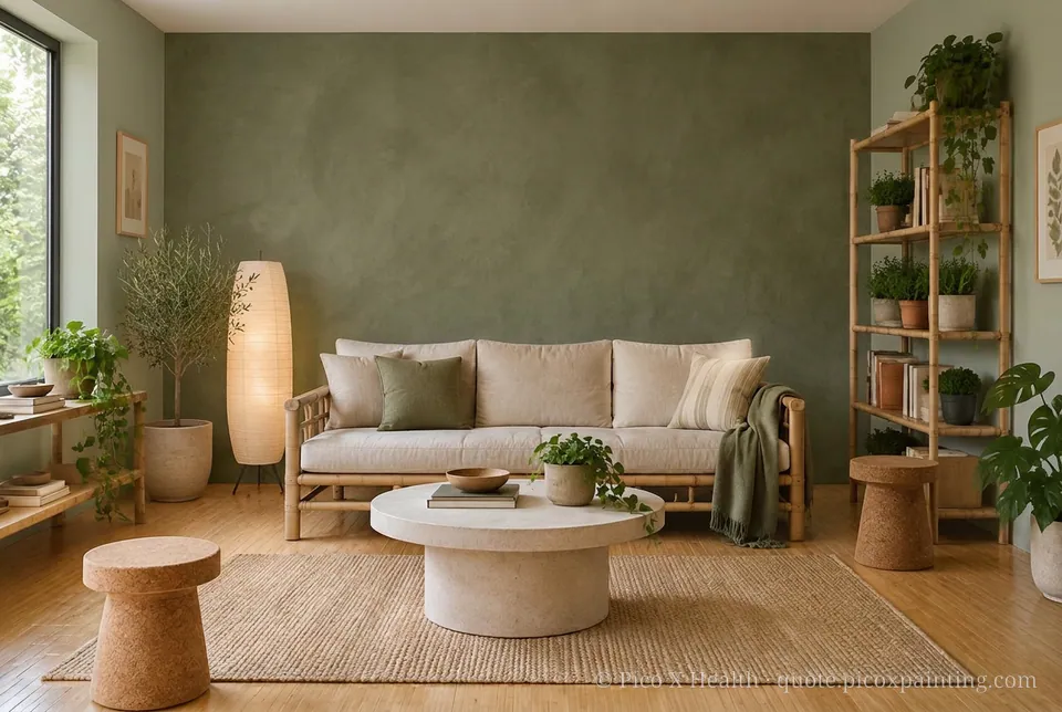 Sustainable Natural Rich / Statement living room — Gush Core/Care Malfoy (GR020B) walls with a Raffles Olive Overturn limewash feature wall and Sustainable Natural furnishings