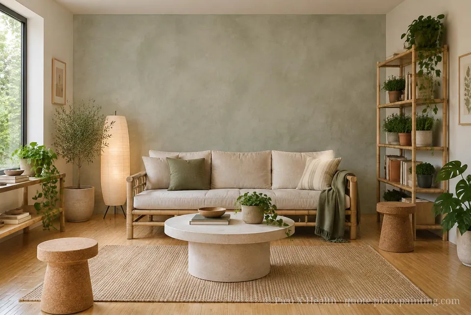 Sustainable Natural Soft / Airy living room — Gush Core/Care Sage Wand (GR016A) walls with a Raffles Silver Sage limewash feature wall and Sustainable Natural furnishings