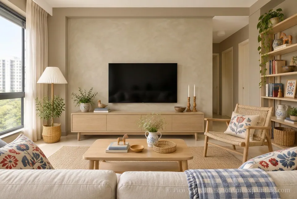 Swedish Folk Rich / Statement living room — Gush Core/Care Sandy Mandy (NE005B) walls with a Raffles Mocha Silk limewash feature wall and Swedish Folk furnishings