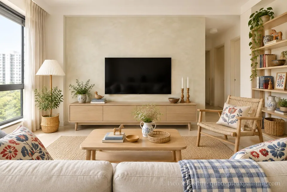 Swedish Folk Soft / Airy living room — Gush Core/Care Pillowtalk (WH006A) walls with a Raffles Soft Linen limewash feature wall and Swedish Folk furnishings