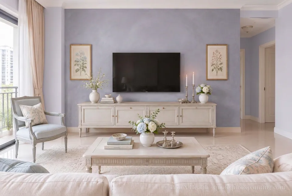 Swedish Gustavian Rich / Statement living room — Gush Core/Care Dulcet (PU015A) walls with a Raffles Lavender Dream limewash feature wall and Swedish Gustavian furnishings