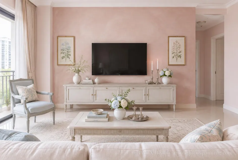 Swedish Gustavian Soft / Airy living room — Gush Core/Care Flowerpath (PI007A) walls with a Raffles Cherry Blossom limewash feature wall and Swedish Gustavian furnishings