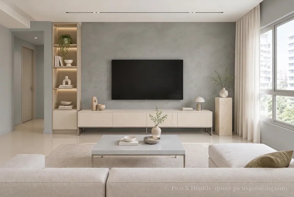 Swiss Modern Rich / Statement living room — Gush Core/Care Skydiver (XR003A) walls with a Raffles Gravel Gray limewash feature wall and Swiss Modern furnishings