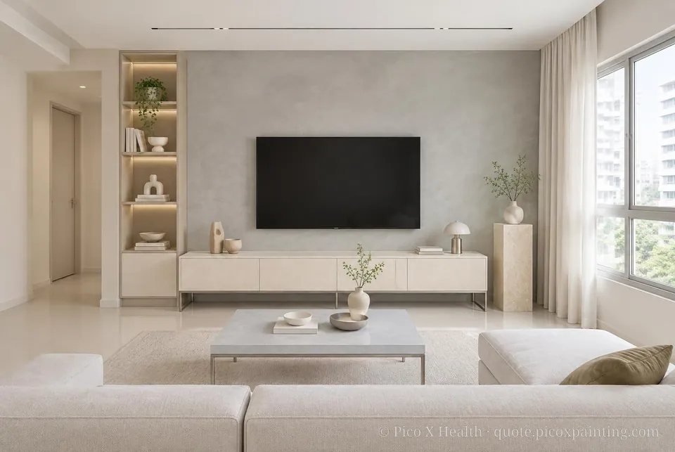 Swiss Modern Soft / Airy living room — Gush Core/Care Linen (XR010A) walls with a Raffles Cement Gray limewash feature wall and Swiss Modern furnishings