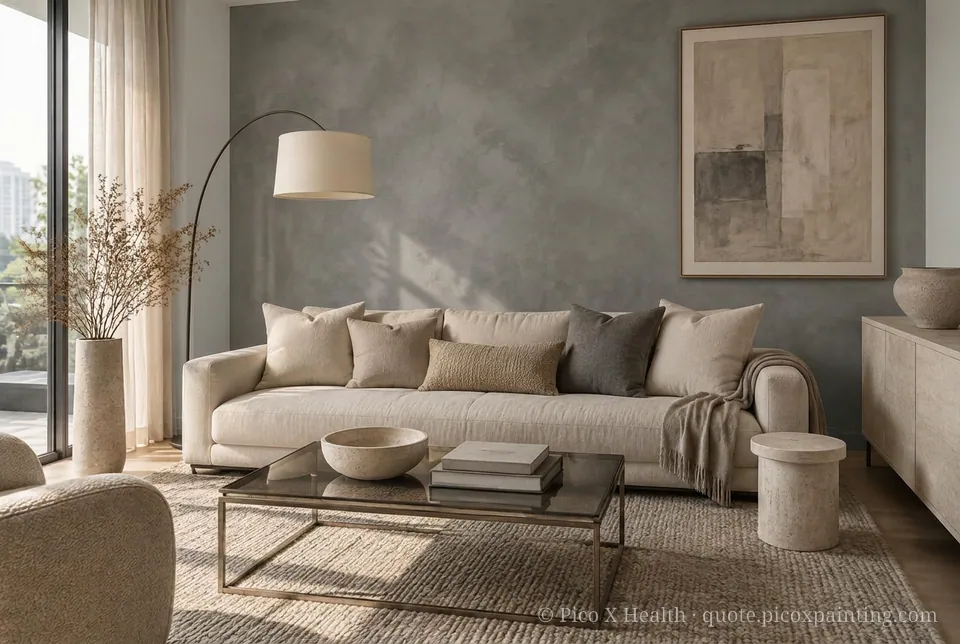 Sydney Modern Rich / Statement living room — Gush Core/Care Skydiver (XR003A) walls with a Raffles Gravel Gray limewash feature wall and Sydney Modern furnishings