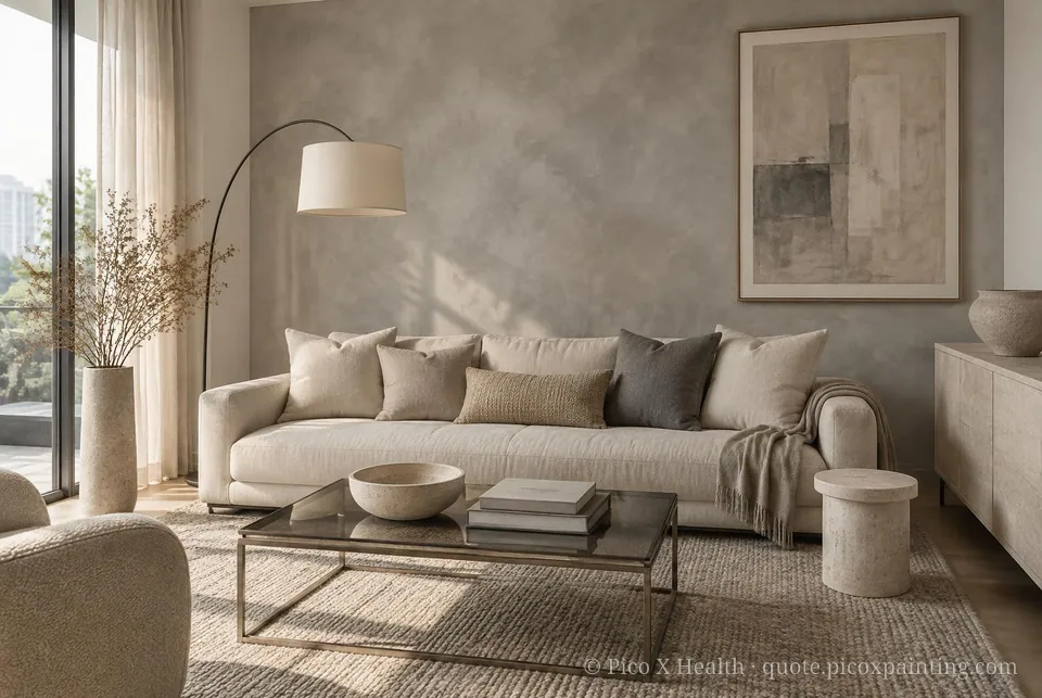 Sydney Modern Soft / Airy living room — Gush Core/Care Linen (XR010A) walls with a Raffles Cement Gray limewash feature wall and Sydney Modern furnishings