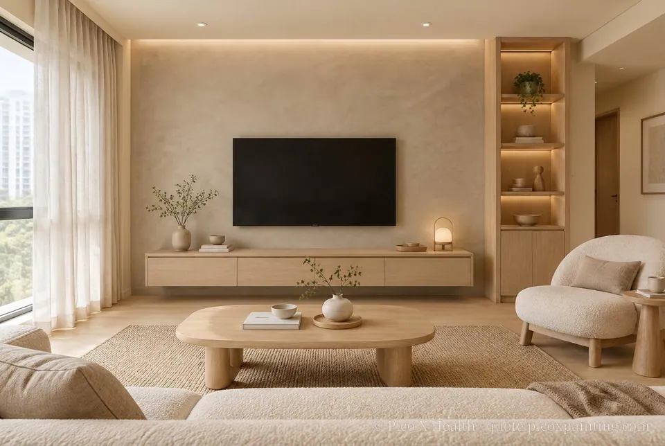 Taiwanese Warm Minimalism Rich / Statement living room — Gush Core/Care Sandy Mandy (NE005B) walls with a Raffles Mocha Silk limewash feature wall and Taiwanese Warm Minimalism furnishings