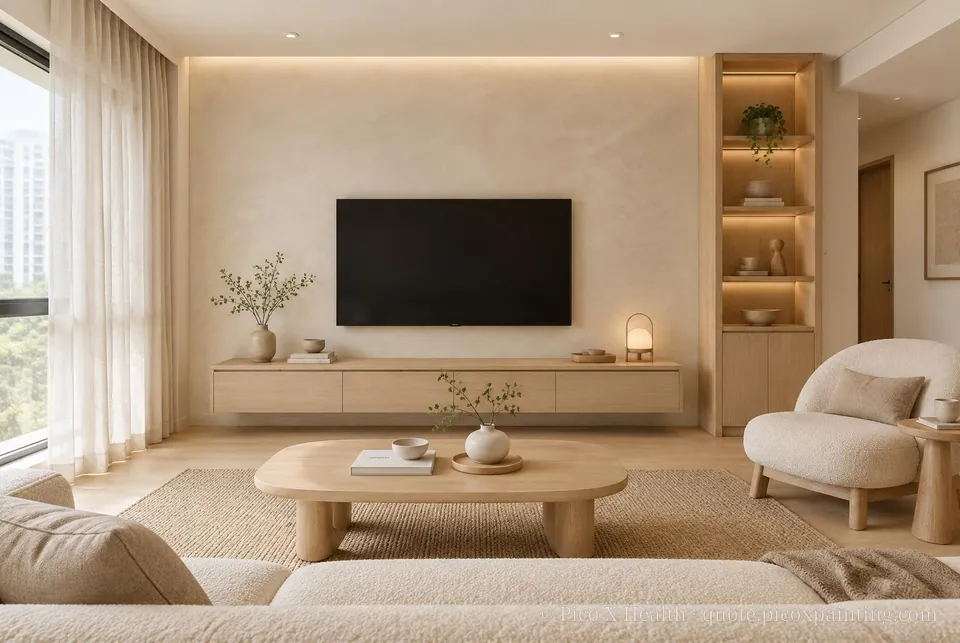 Taiwanese Warm Minimalism Soft / Airy living room — Gush Core/Care Pillowtalk (WH006A) walls with a Raffles Soft Linen limewash feature wall and Taiwanese Warm Minimalism furnishings