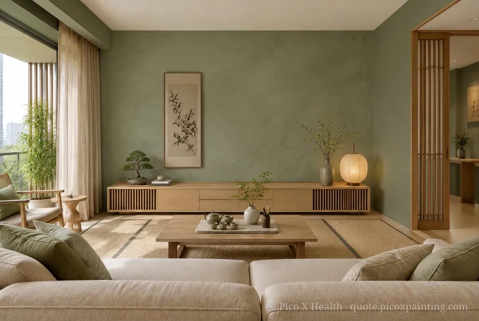 Tea House Rich / Statement living room — Gush Core/Care Malfoy (GR020B) walls with a Raffles Olive Overturn limewash feature wall and Tea House furnishings