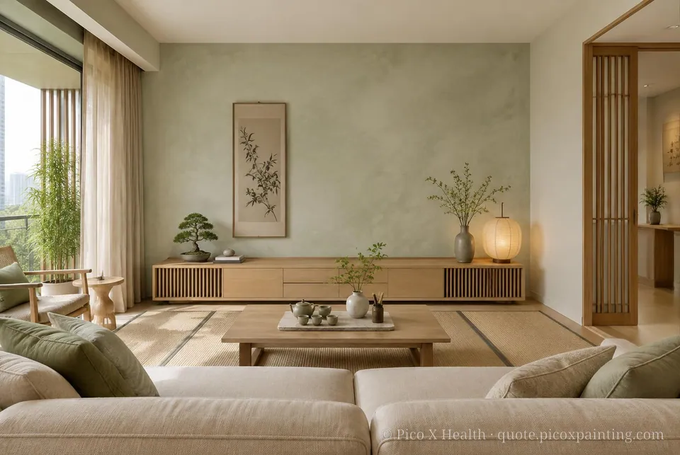 Tea House Soft / Airy living room — Gush Core/Care Sage Wand (GR016A) walls with a Raffles Silver Sage limewash feature wall and Tea House furnishings