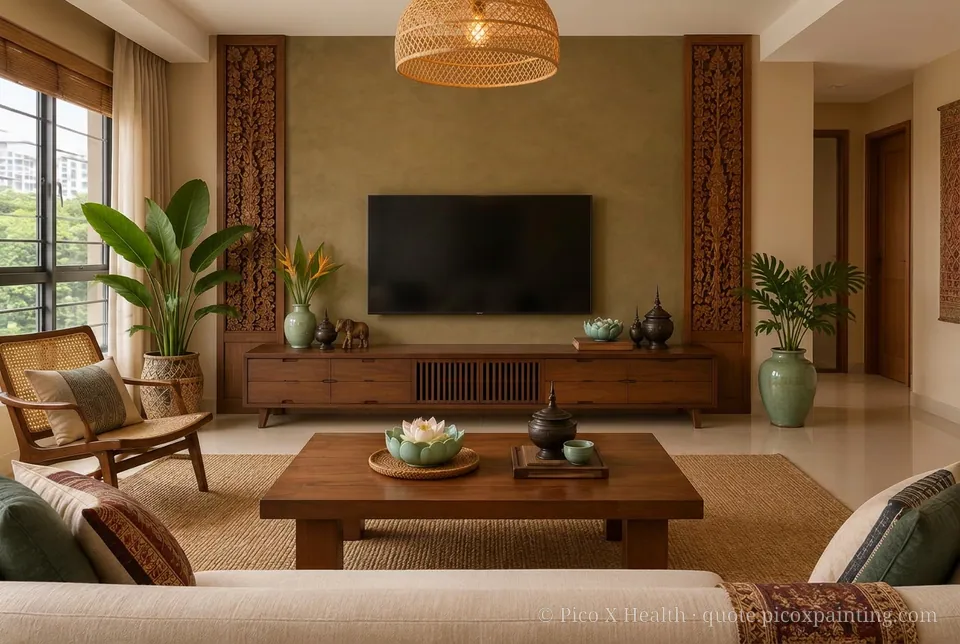 Thai Lanna Rich / Statement living room — Gush Core/Care Coffee Beam (NE015B) walls with a Raffles Toffee Delight limewash feature wall and Thai Lanna furnishings