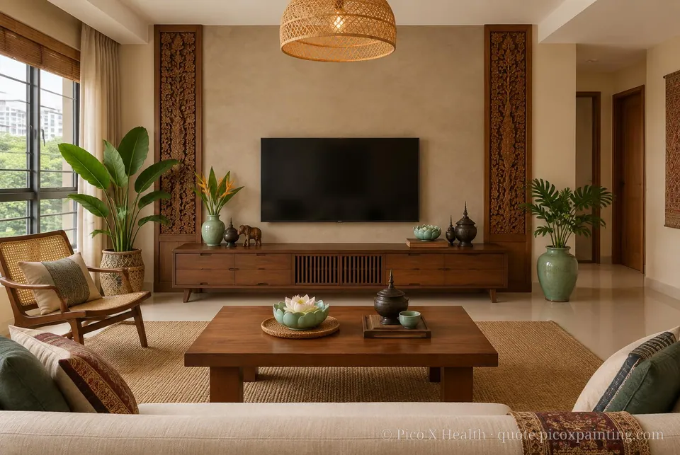 Thai Lanna Soft / Airy living room — Gush Core/Care Malik (NE019B) walls with a Raffles Mocha Silk limewash feature wall and Thai Lanna furnishings