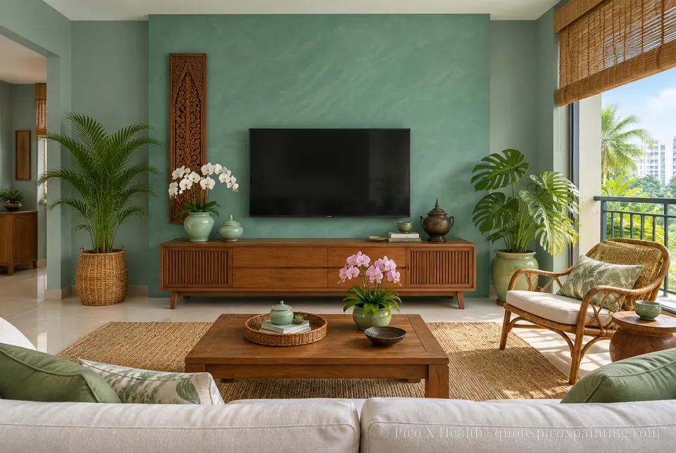 Thai Tropical Modern Rich / Statement living room — Gush Core/Care Safari (GR004B) walls with a Raffles Divine Fern limewash feature wall and Thai Tropical Modern furnishings