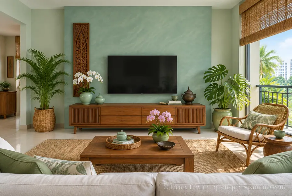 Thai Tropical Modern Soft / Airy living room — Gush Core/Care Foliage (GR009A) walls with a Raffles Minty Opulence limewash feature wall and Thai Tropical Modern furnishings