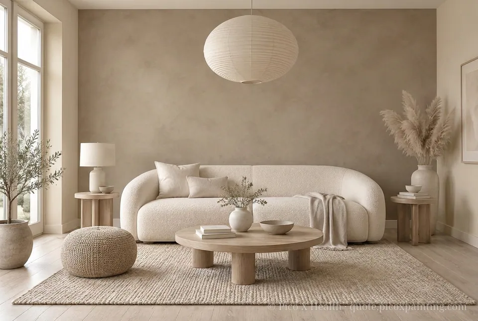 Tonal Neutral Rich / Statement living room — Gush Core/Care Sandy Mandy (NE005B) walls with a Raffles Mocha Silk limewash feature wall and Tonal Neutral furnishings