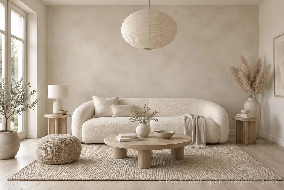 Tonal Neutral Soft / Airy living room — Gush Core/Care Pillowtalk (WH006A) walls with a Raffles Soft Linen limewash feature wall and Tonal Neutral furnishings