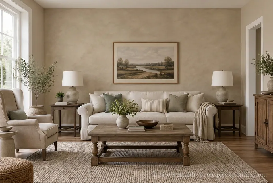 Transitional Rich / Statement living room — Gush Core/Care Instinct (NE020B) walls with a Raffles Mocha Silk limewash feature wall and Transitional furnishings