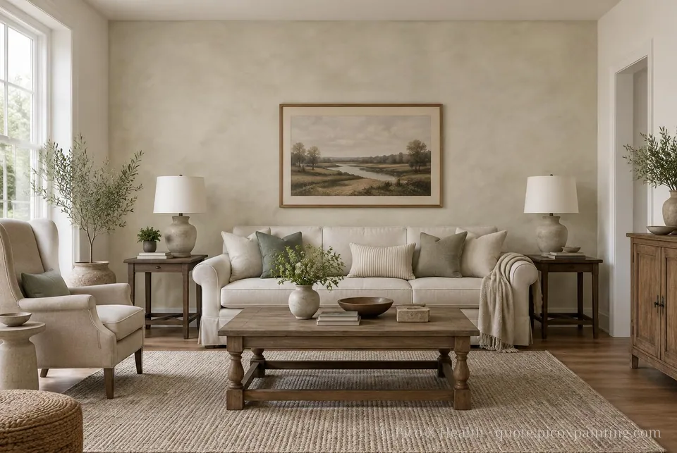 Transitional Soft / Airy living room — Gush Core/Care Dairy Alternative (NE057A) walls with a Raffles Soft Linen limewash feature wall and Transitional furnishings